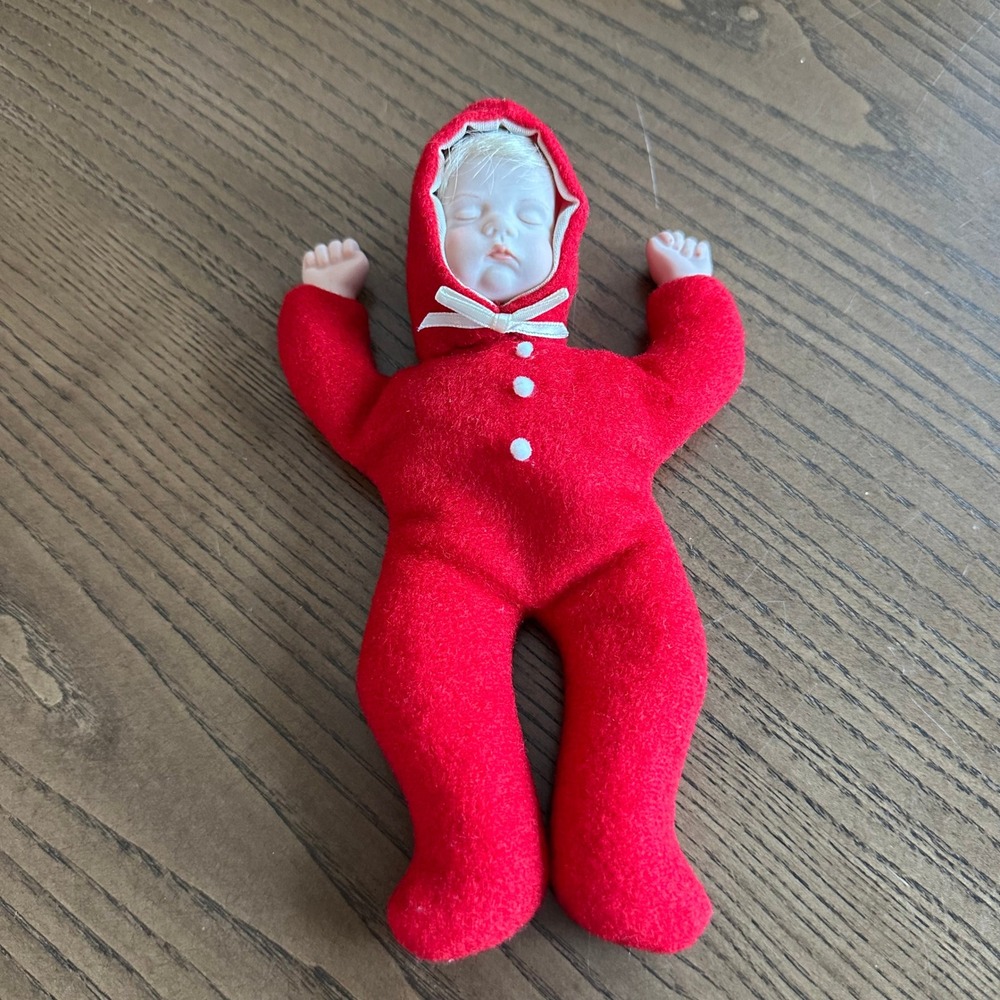 Vintage Sleeping Baby Doll Bisque Porcelain Face Red Plush Bunting 7β Inch
